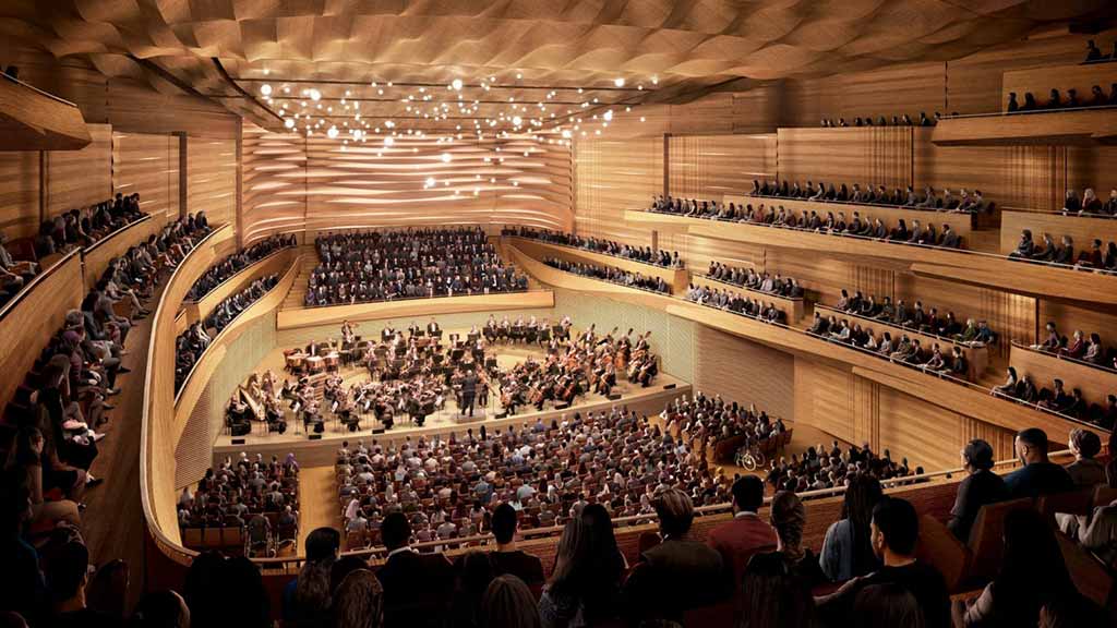 Interior rendering of Geffen hall