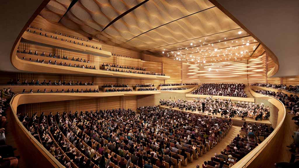 Interior rendering of Geffen hall